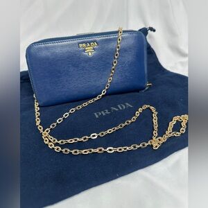 Prada Navy Blue Saffiano Leather Wallet Crossbody with Gold Chain